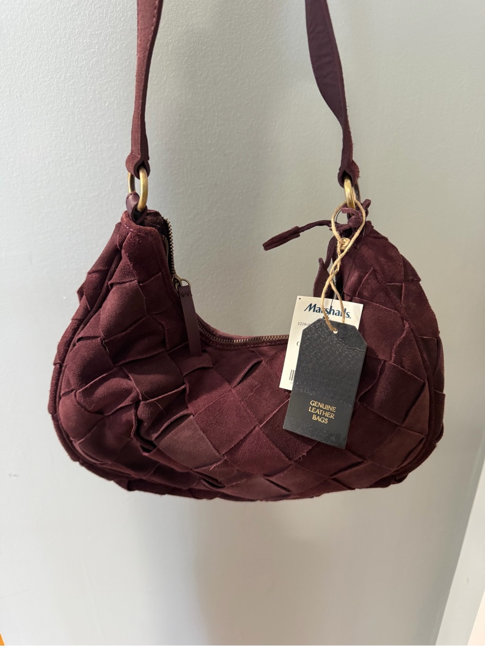 Woven Genuine Leather Shoulder Bag in Burgundy